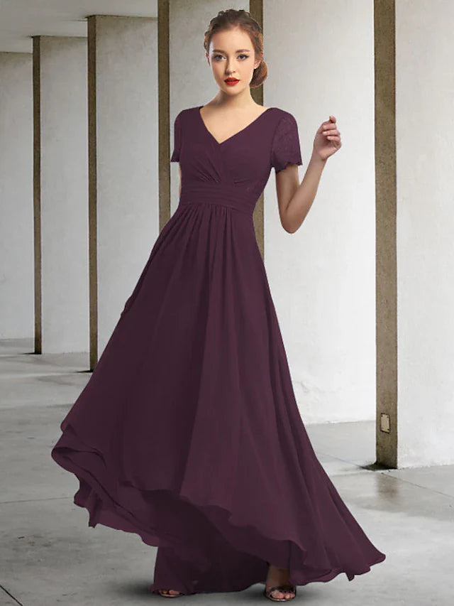 Wholesale A-Line Mother of the Bride Dress Elegant High Low V Neck Asymmetrical Floor Length Chiffon Short Sleeve with Pleats Ruched